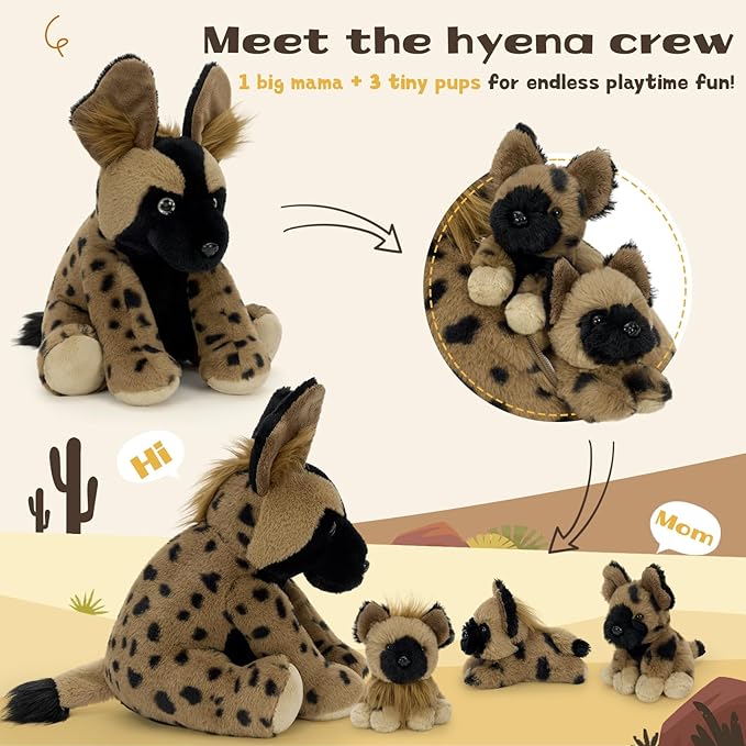 MorisMos 4 Pcs African Wild Dog Stuffed Animals, 18 Inch Mommy with 3 Baby Cubs, Soft Fluffy Animal Plush Toys Gifts for Kids, Wildlife Lovers & Collectors