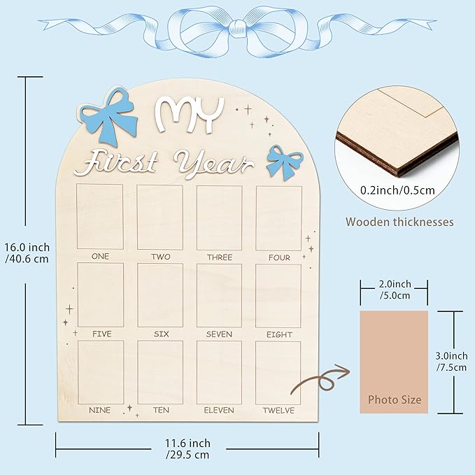 Aukolass Bow One Year of Photo Board, My First Year Photo Photo Board 12 Monthly Milestones Picture Frame for Baby Girl 1st Birthday Decorations (pink) (blue, fit 2" x 3" photo)