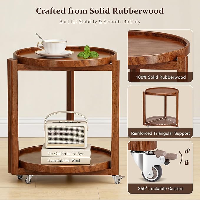 Taitiy Small Round Side Table with Wheels Solid Wood 2 Tier End Table with Storage Mobile Nightstand for Small Spaces Rolling Side Table for Couch & Bedside Walnut 17.7"