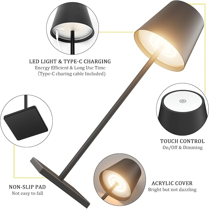 2-Pack LED Cordless Table Lamp, Rechargeable Battery Desk lamp 5000mAh Battery Operated Stepless Dimming Modern Portable Table Light for Restaurant/Dinner/Bedroom/Outdoor IP54 Waterproof (Black)