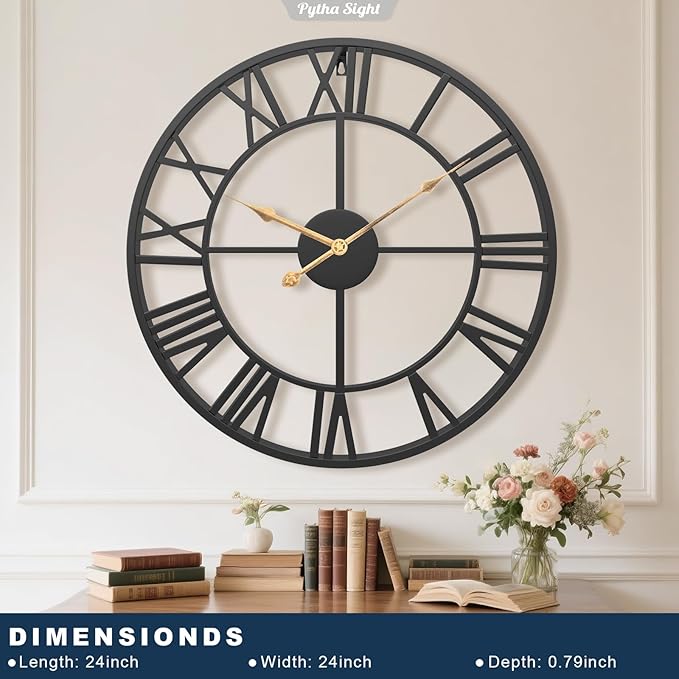 Pytha Sight 24 Inch Large Oversized Farmhouse Modern Decorative Wall Clock for Living Room,Silent Industrial Big Roman Numerals Vintage Metal Round Wall Clocks for Kitchen,Dinng Room,Office