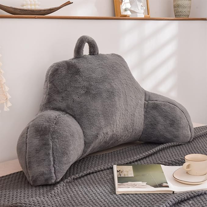 A Nice Night Faux Fur Reading Pillow Bed Wedge Large Adult Children Backrest with Arms Back Support for Sitting Up in Bed / Couch for Bedrest,Gray (Standard)