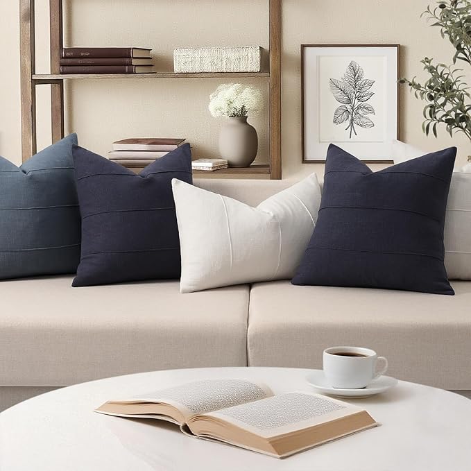 ZWJD Decorative Linen Throw Pillow Covers 24x24 Set of 2 Solid Handcrafted Striped Cushion Covers for Bed Soft Modern Farmhouse Neutral Pillowcase for Couch Bedroom Living Room Home Decor(Dark Navy)