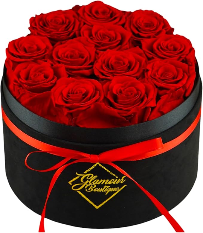 GLAMOUR BOUTIQUE Flowers Forever Gift Box, 12 Real Preserved Roses in Velvet Black Box, Floral Gift for Her, Mom or Wife for Birthday, Mother’s Day, Anniversary or Graduation, Red (Color-Treated)
