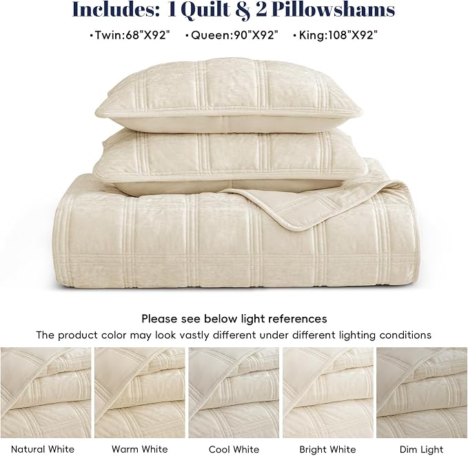 PHF Ultra Soft Velvet Quilt Set King Size – 3PCS Luxurious Cozy Quilted Comforter Alternative with Diamond Pattern, Warm Quilted Bedspread Coverlet, 108" x 92", Sand