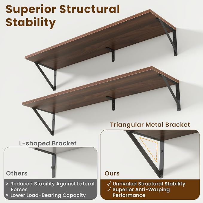 Acovy Floating Shelves for Wall,48" Wx8 D Wood Wall Shelves,Hanging Storage Floating Shelf with Metal Brackets,Wide Floating Bookshelf for Living Room,Office,Bedroom,Bathroom,Set of 2,Walnut