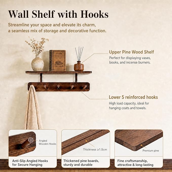 Coat Rack Wall Mount with Shelf, Adhesive or Drilling Mount, 2 Pack Wall Shelf with 10 Wooden Hooks, Hanging Storage for Clothes, Hats, Towels, Keys, Bags, for Entryway, Bathroom