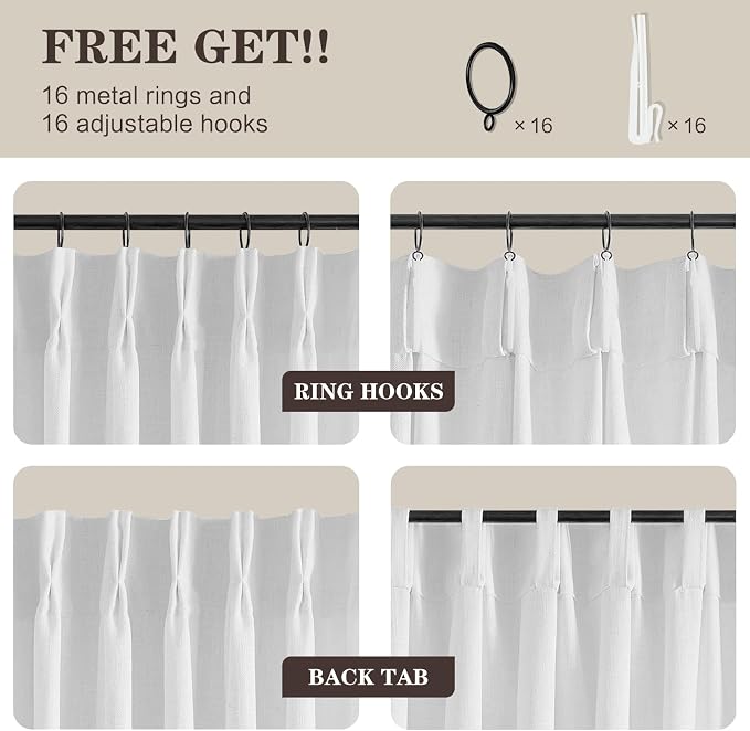 White 102 Inch Long Curtains Pinch Pleated Curtain for Living Room, Floor to Ceiling Light Filtering Pleat Drapes Textured Thick Semi-Sheer Curtains with Hooks for Bedroom Dining Room 2 Panels