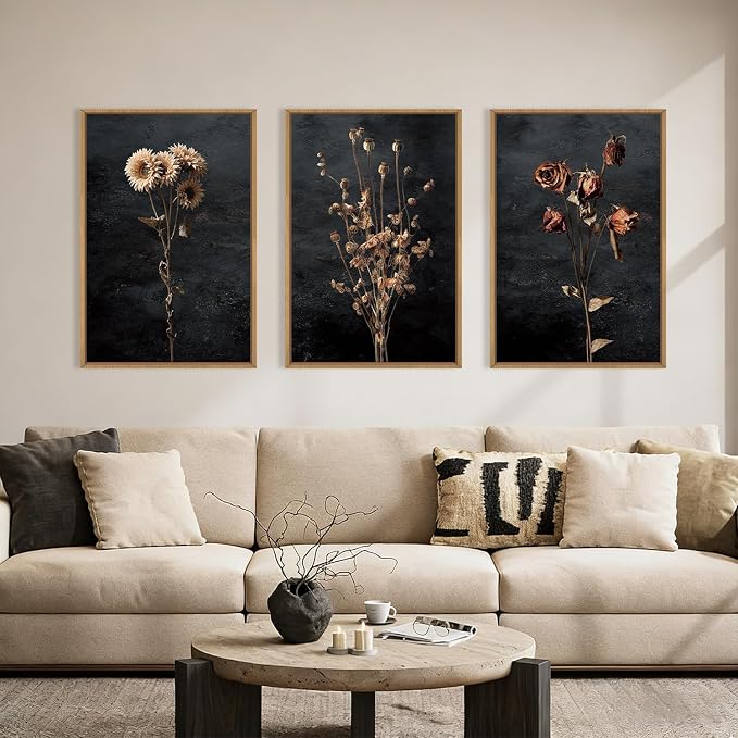 Large Moody Dark Floral Framed Canvas Wall Art Set,Vintage Mid Century Dried Flower Wall Decor,Modern Boho Wildflower Botanical Artwork for Living Room,Bedroom,Farmhouse-16 x24 x3