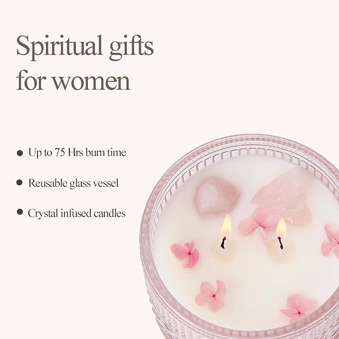 Chloefu LAN Pink Crystal Candles Champagne Bubbles Candle for Home Scented, Non-Toxic, Unique Meditation Spiritual Gifts, 14 oz, Valentines Day Gifts for Mom Friends Wife Sister Stocking Stuffers