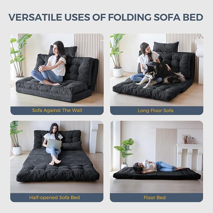 MAXYOYO Folding Sofa Bed, Tufted Bean Bag Bed with Pillows Floor Couch for Adults, Extra Thick and Long Floor Sofa, Twin Couch for Bedroom Living Room, Black, 39x91 Inch