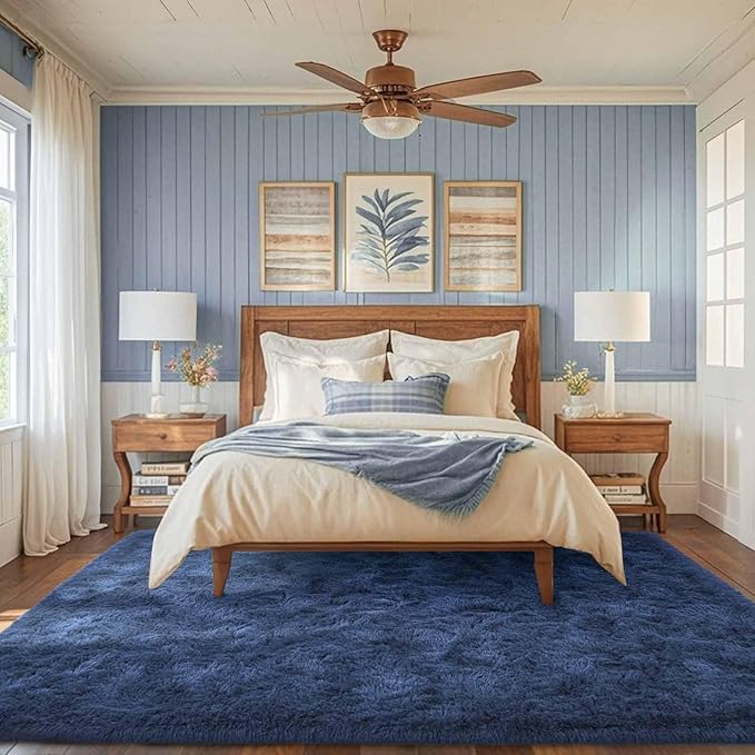 FinRèc Dark Blue Rug for Bedroom Living Room, 4x6 Feet High Pile Plush Area Rug, Non-Slip Soft Fluffy Carpet for Nursery Kids Room Dorm Room Home Decor, Indoor Fuzzy Floor Rugs