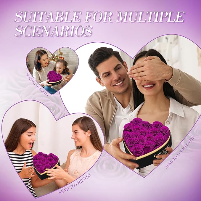 Casaido Preserved Roses Flowers for Delivery 16 Pcs, Mothers Day Rose Gifts for Her, Forever Flores in Heart Box with Necklace, Anniversary Birthday Christmas Vanlentines Gift for Wife Mom, Purple