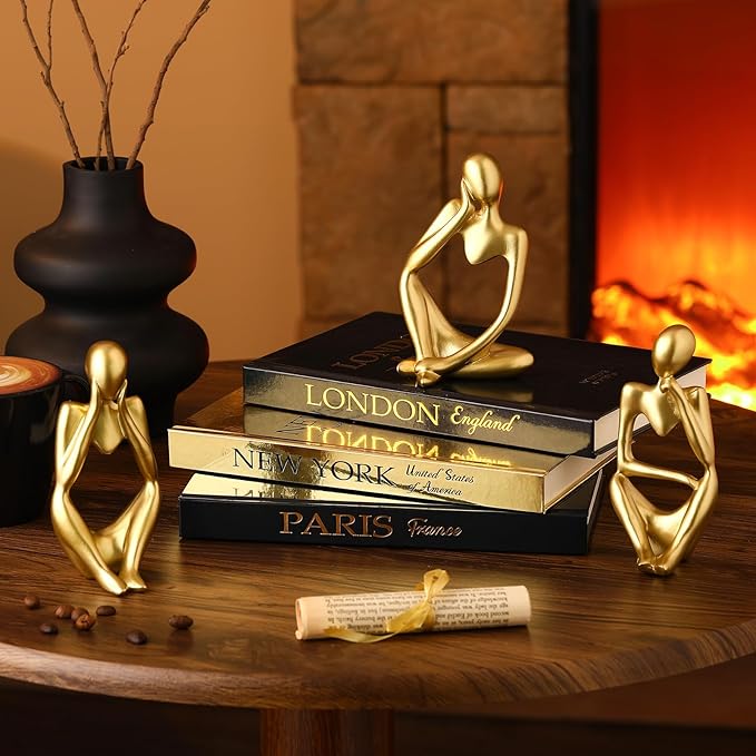 Feifeiya 6 Pcs Gold and Black Color Decorative Book & Thinker Statue Set - 3 Books Accents 3 Thinker Abstract Art Sculpture Home Decoration for Living Room Bookshelf Table Decor