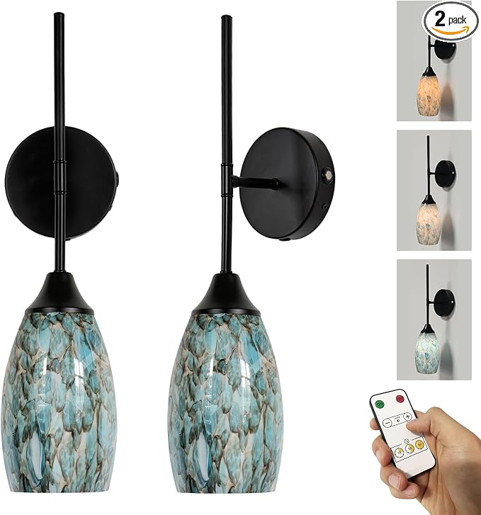 Wireless Battery Operated Wall Sconce Set Of 2，Rechargeable Wall Lights with Remote Control, Dimmable 3000K–6000K, Wireless Wall Sconces With Industrial Hand-Blown Art Glass for Bedroom Living Room