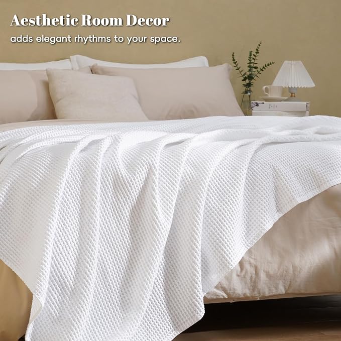 PHF Pre-Washed 100% Cotton Waffle Weave Blanket Twin Size for Bed,Snag Proof Throw Blanket for Couch Spring Summer Lightweight Breathable,Machine Washable, Home Decor Gift - White