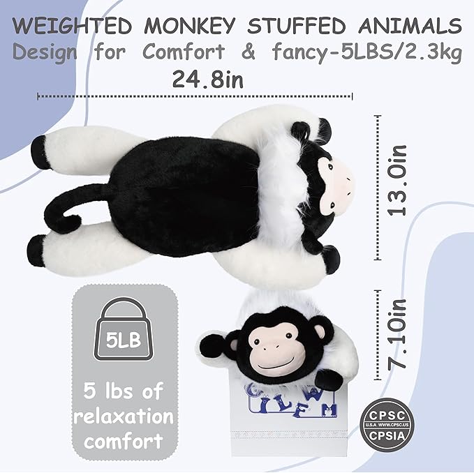 GILFWM Weighted Stuffed Animals Monkey - 25" Big Toy Pillow Plushie Gifts for Kids Boys Girls & Adults, 5 lbs Extremely-Soft Washable Plush Pillowfort