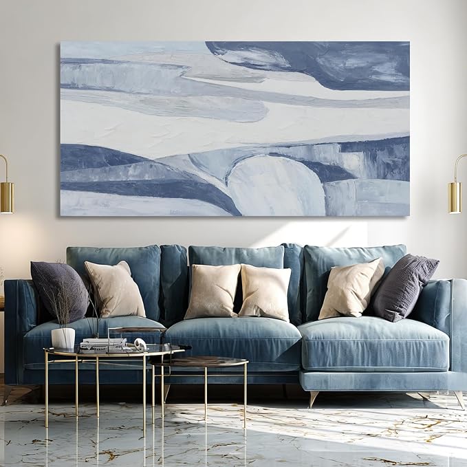 Hue7Art Abstract Blue and White Canvas Wall Art Contemporary Minimalist Landscape Artwork with Flowing Lines for Living Room Bedroom Office Entryway Wall Decor 29x58 Inch