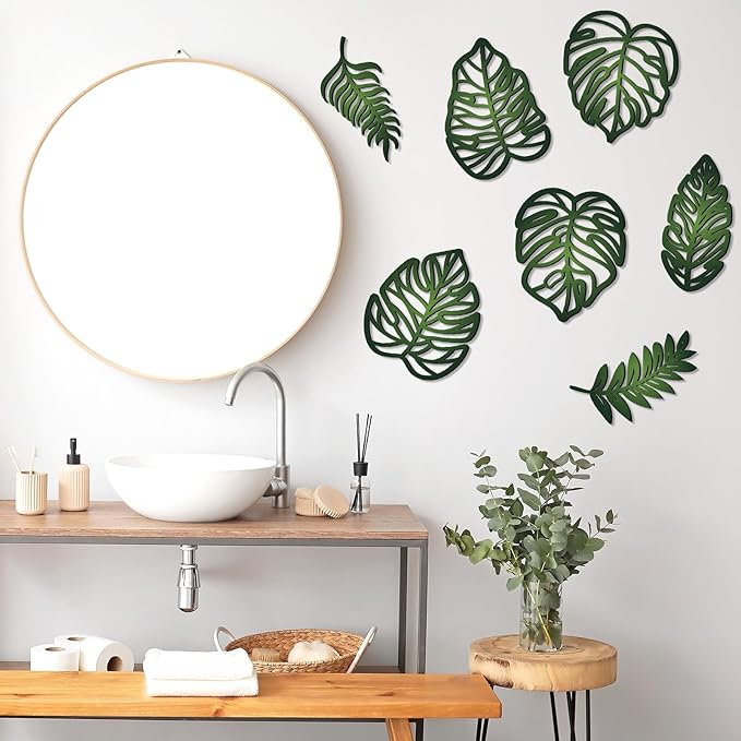 Namalu 7 Pcs Tropical Wall Decor Jungle Monstera Wall Art Boho Palm Leaf Wooden Decoration Tropical Nursery Decor Vintage Natural Monstera Leaf Plaque for Farmhouse Kitchen Bedroom Garden(Green)