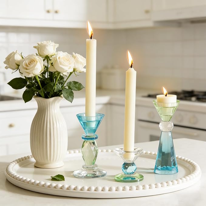 DN DECONATION Glass Candle Holder, Blue Clear Crystal Candlesticks Holders | Set of 3, Crystal Tealight Candles Holder for Table Centerpiece Wedding Decorations Housewarming Gift Living Room Party