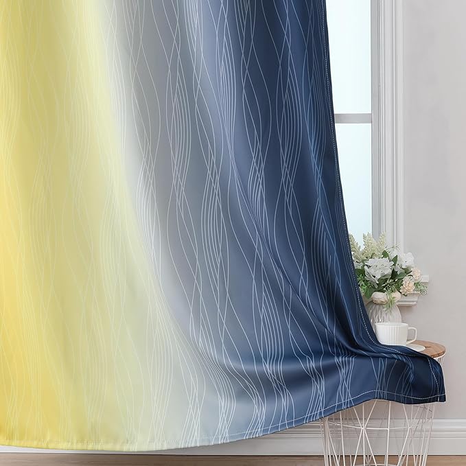 Estelar Textiler Yellow and Navy Blue Blackout Curtains for Boys Bedroom, Full Light Blocking Grommet Ombre Curtains for Living Room, Thermal Insulated Room Darkening Gradient Drapes, 42Wx63L,2 Panels