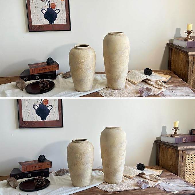 Ceramic Rustic Farmhouse Vase, 15 Inch Beige Flower Vases for Home Decor, Rustic Pottery Vase for Table Centerpieces & Living Room, Farmhouse Ceramic Vases for Entryway & Wedding Gifts