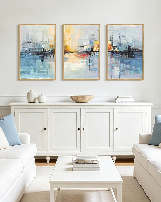 PHOPAGO Navy Blue Abstract Landscape Framed Wall Art Large 16x24in Graffiti Colorful Shape Wall Decor Modern Art Paints Laundry Living Room Decor - Natural Framed