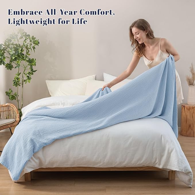 PHF 100% Cotton Muslin Blanket King Size 108"x90", 4-Layer Lightweight Gauze Throw, Breathable Cloud-Soft Minimalist Blanket for Bed, Couch, Camping & Baby, Ancient Water, Ideal Gift