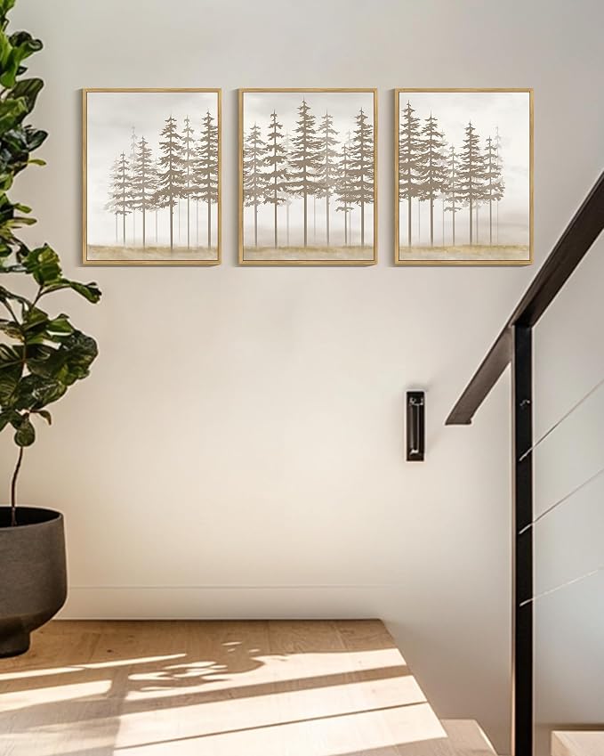 PHOPAGO Watercolor Foggy Pine Tree Framed Wall Art Nature Abstract Misty Forests Wall Decor Farmhouse Rustic Paints for Kitchen Bathroom - 11x14in Natural Framed