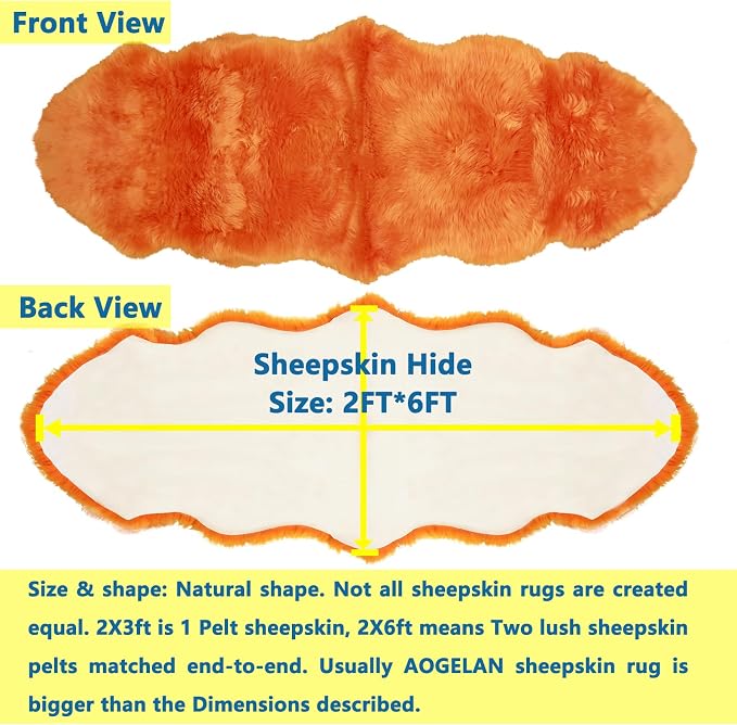 Orange Genuine Sheepskin Rug, Fluffy Fuzzy Soft Shaggy Fur Area Rug for Bedroom Living Room Fur Wool Pray Pup Carpet Cushion, Chair Sofa Seat Cover, Double Pelt/2FT*6FT