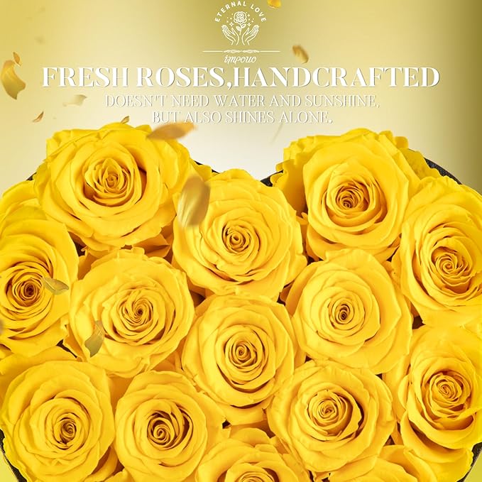 Impouo 16 pcs Preserved Flowers Rose in a Heart Shape Box,Preserved Flowers,Gifts for Women,Mothers' Day,Valentine's Day or Valentine’s Day,Yellow
