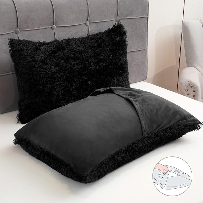 BLEUM CADE Fluffy Plush Black Duvet Cover Set, Luxury Ultra Soft Velvet Fuzzy Comforter Cover Bed Sets 4Pcs(1 Faux Fur Duvet Cover + 2 Pillow Cases + 1 Pillow Cover) Zipper Closure (Twin, Black)