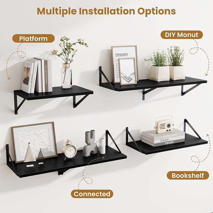Acovy 48inch Floating Shelves for Wall,10" Deep Floating Shelves with Metal Brackets,Wall Mounted Hanging Floating Shelf,Wide Display Shelves for Living Room,Bedroom,Office,Kitchen,Black