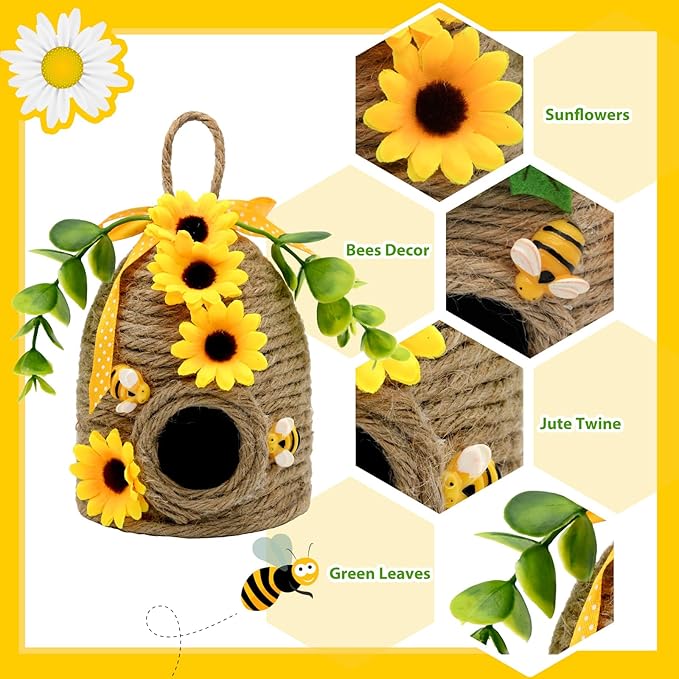 nuvagiki 2 Pack Bee Hive Decor, Farmhouse Bee Decorations with Sunflower, Rustic Bumble Bee Tiered Tray Decor for Kitchen Table, Spring Summer Home Decor
