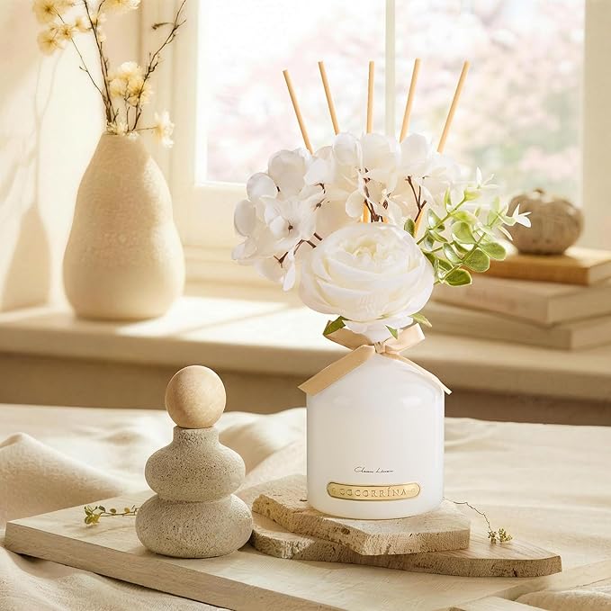 COCORRÍNA Reed Diffuser Set, 6.7oz Flower Reed Diffuser with Sticks, Clean Linen Essential Oil, Long Lasting Home Fragrance for Bathroom, Bedroom & Shelf Decor, Aesthetic Gift for Women