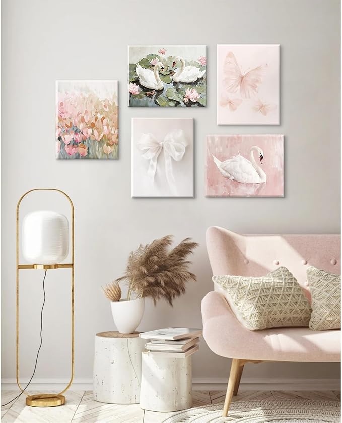 Coquette Pink Wall Art Decor Aesthetic Swan Posters Bow Flower Canvas Wall Art Preppy Cute Pictures Trendy Butterfly Posters Coquette Aesthetic Prints for Girl Dorm Room Bedroom 8x10x5 Inch Framed