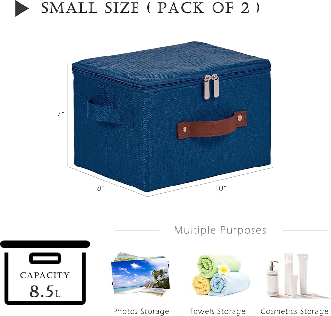 2 Pack Storage Bins with Zipper Lid Cotton Linen Fabric Lidded Storage Baskets Boxes Foldable Washable Closet Shelf Clothes Organizer Container with PU Leather Handles (Deep Blue, Small)
