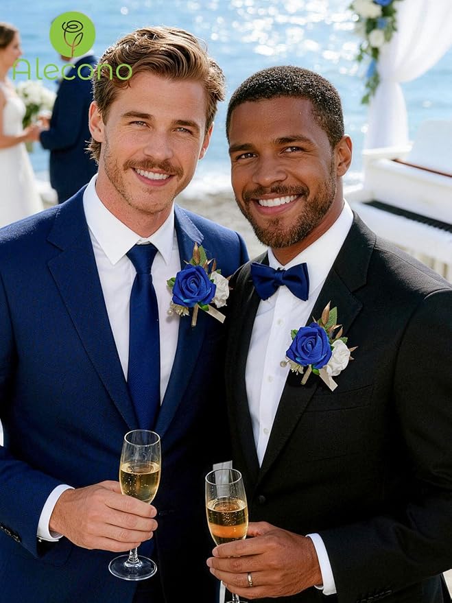 Alecono Boutonniere for Men, Set of 2 Navy Blue Corsages for Men Groom Bridegroom, Artificial Flowers for Prom Graduation Ceremony Anniversary