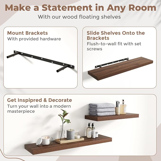 36 Inch Floating Shelves for Wall with Invisible Brackets Set of 2, 8"D Engineered Wood Wall Shelves with Wood Grain for Living Room, Bedroom, Bathroom, Kitchen Decor and Storage, Walnut Finish