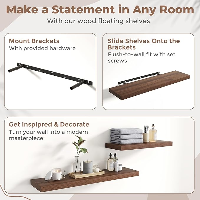 24 Inch Floating Shelves for Wall with Invisible Brackets Set of 2, 8"D Engineered Wood Wall Shelves with Wood Grain for Living Room, Bedroom, Bathroom, Kitchen Decor and Storage, Walnut Finish