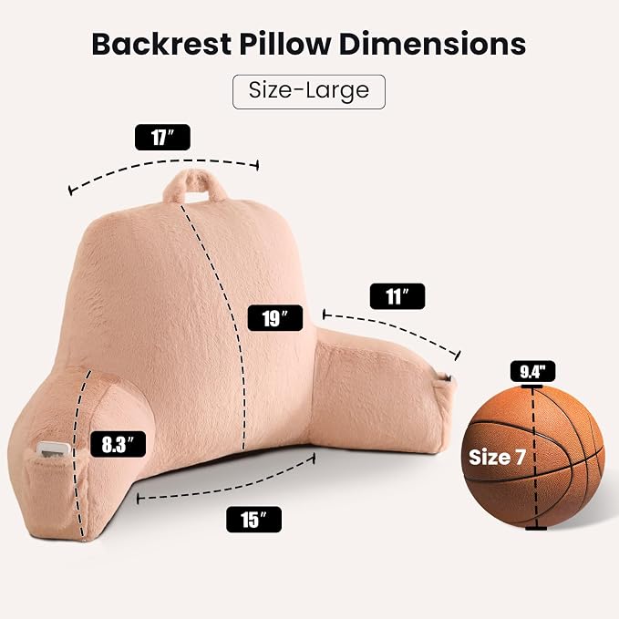 Large Plush Backrest Pillow for Sitting in Bed,Faux Fur,Pink | 19" Back Pillow with Arms Supports Adults,College Students,Elbows & Forearms for Dorm Reading,Gaming,Watching TV