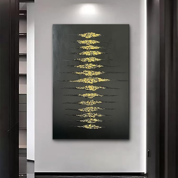 Creespi Hand-Painted Abstract Black and Gold Textured Wall Art 30x45 inch,Large Minimalist 3D Thick Texture Oil Painting on Canvas for Home Wall Decoration