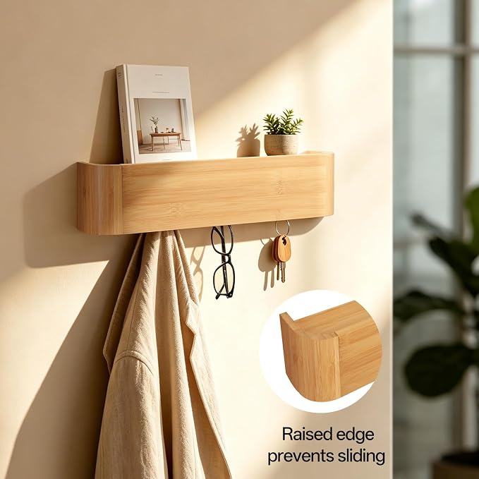 16" Bamboo Coat Rack Wall Mount, 4 Hidden Hooks, Compact, Natural | Solid Bamboo Shelf, 4 Heavy Duty Steel Hooks 44 lbs Each, Entryway Bathroom Bedroom Kitchen, Paper Template Easy Install
