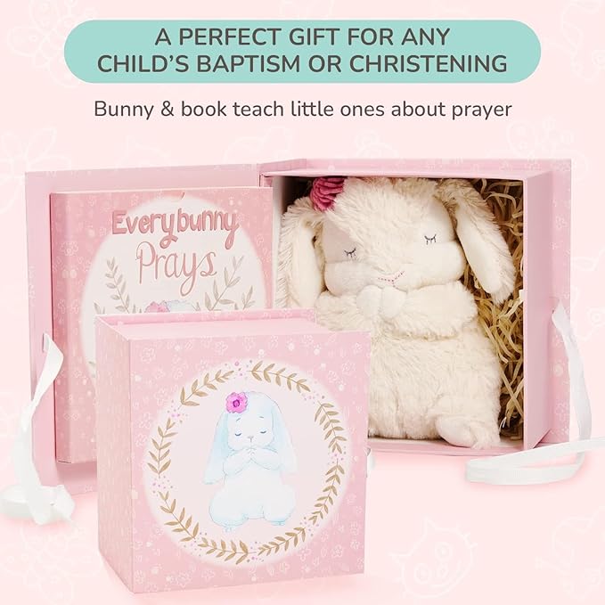 Tickle & Main Everybunny Prays Bunny Plush & Musical Prayer Toy for Christening Gifts for Girls - Pink, 7 in - Baby Dedication & Baptism Gifts for Girls with Illustrated Board Book