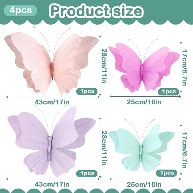 3D Hanging Butterfly Decorations, Butterfly Birthday Party Decorations, 4 Pcs Crepe Paper Butterfly Hanging Decorations for Girls, Women, Flower Garden Party Decorations