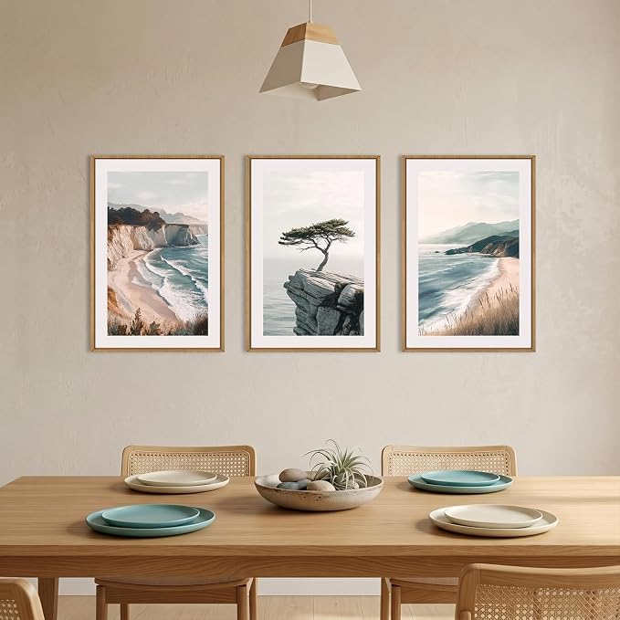 Amalfi Coastal Beach Framed Canvas Wall Art Set, Summer Ocean Wall Decor, Southwestern Beach Wall Painting, Ocean Seascape Art Prints for Living Room, Bedroom, Dining Room-24"x36"x3
