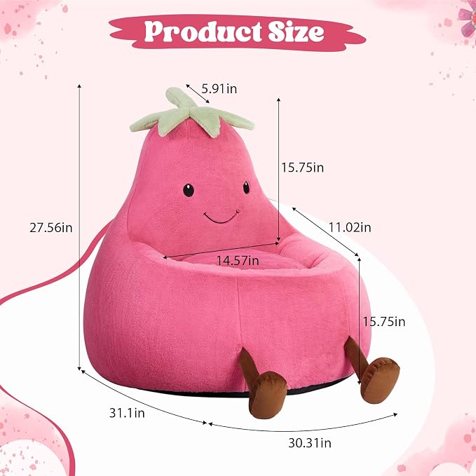 31 Inches Memory Foam Bean Bag Chair - Ultra Soft Faux Rabbit Fur Round Sofa with Handle & Machine Washable Cover, Eggplant-Shaped Kids Reading Chair for Bedroom, Living Room and Playroom, Magenta