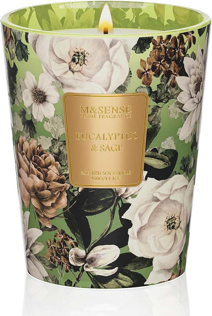 M&SENSE Eucalyptus Sage Soy Candle, 14.1oz, Meditation Relaxing Scent | 60H Slow Burn, Non-Toxic, Stress Relief, Relaxation Home Fragrance, Housewarming Gift