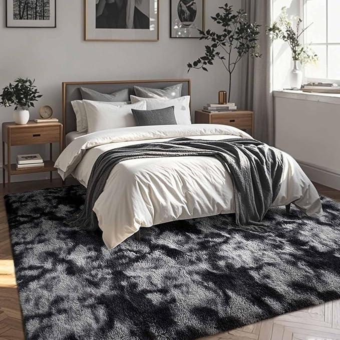 FinRèc 9x12 Feet Rugs for Living Room Bedroom, Soft Dark Grey Fluffy Area Rug, Non-Slip Solid Shag Rug for Nursery Kids Room Dorm Room Home Decor, Indoor Floor Carpet