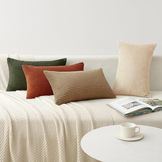 MIULEE Boho Farmhouse Throw Pillow Covers 12x20 Inch Set of 4 Mordern Rust-Olive Green Cushion Covers Soft Corduroy Nordic Home Decor for Spring Couch Bed Sofa Living Room
